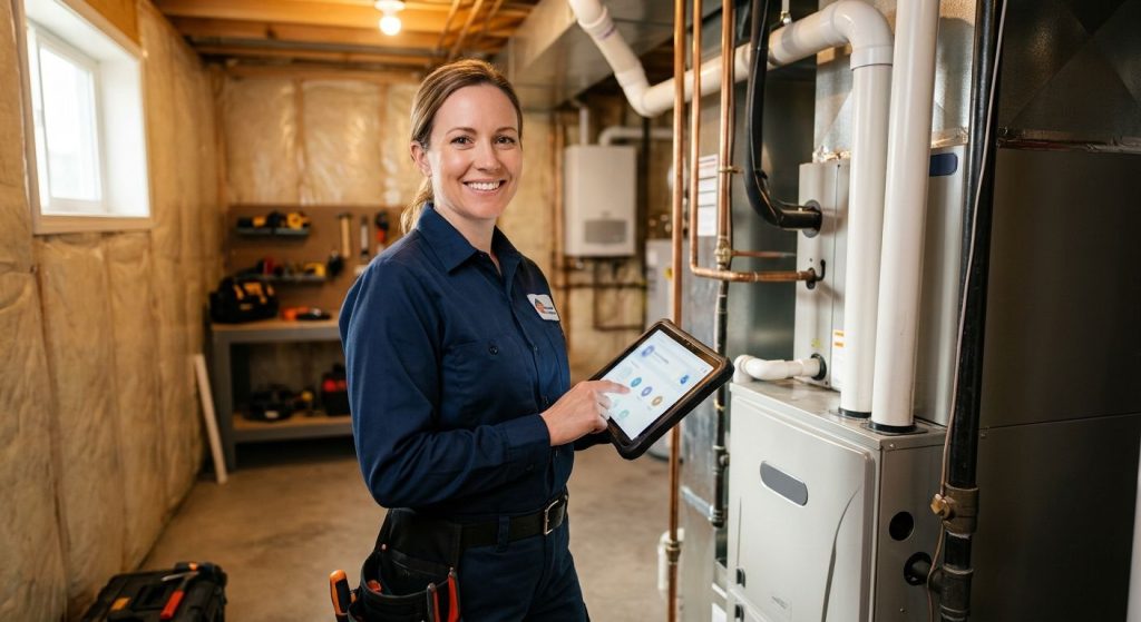 Smiling HVAC technician in clean uniform standing next to a modern furnace in a residential basement, holding a tablet, with warm lighting and organized surroundings.