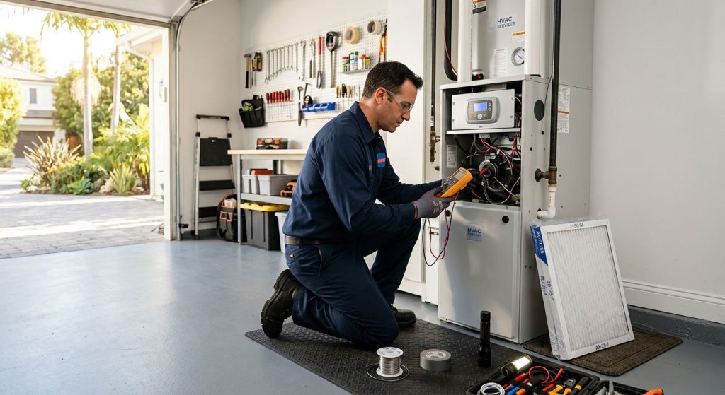 HVAC technician inspecting a modern furnace in a Studio City home garage with sunlight streaming through the open door