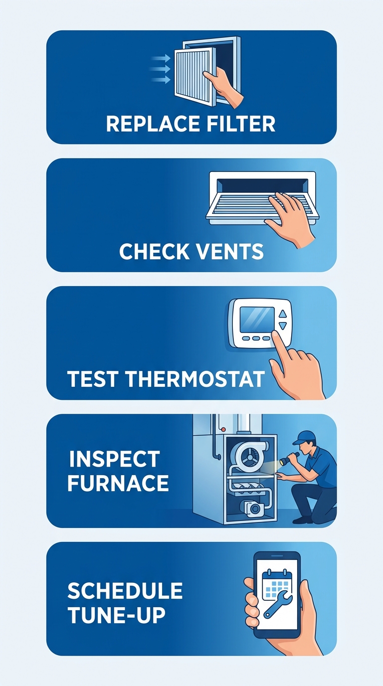 Vertical flow diagram with five steps for furnace maintenance: replace filter, check vents, test thermostat, inspect furnace, schedule tune-up.