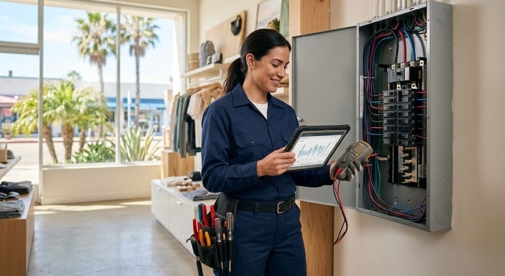 Professional commercial electrician with tablet and multimeter beside electrical panel in Hermosa Beach retail shop with palm trees and coastal view