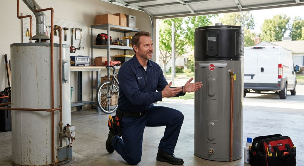 Licensed HVAC technician in a Studio City garage, pointing at a new high-efficiency water heater beside an old unit, with a service van outside.
