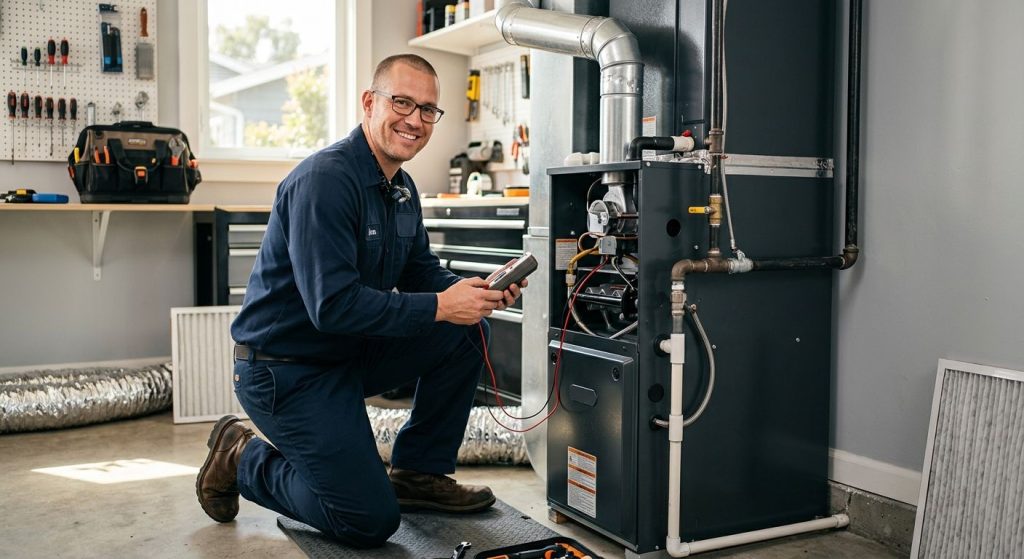 Professional photograph of an HVAC technician kneeling beside a modern gas furnace in an Eagle Rock home, holding a diagnostic tool
