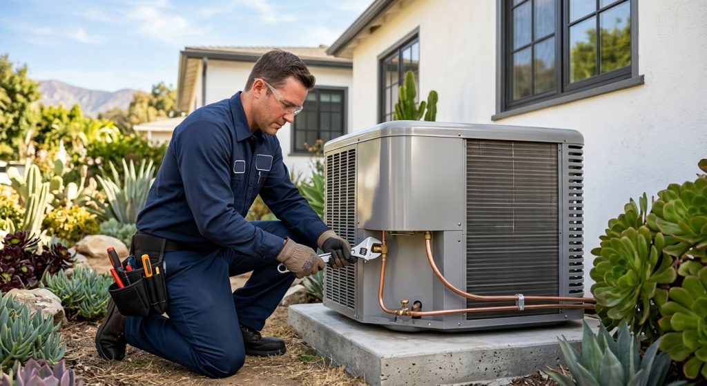 HVAC technician in uniform installing a heat pump unit outdoors beside a Studio City home, connecting refrigerant lines under a clear blue sky.