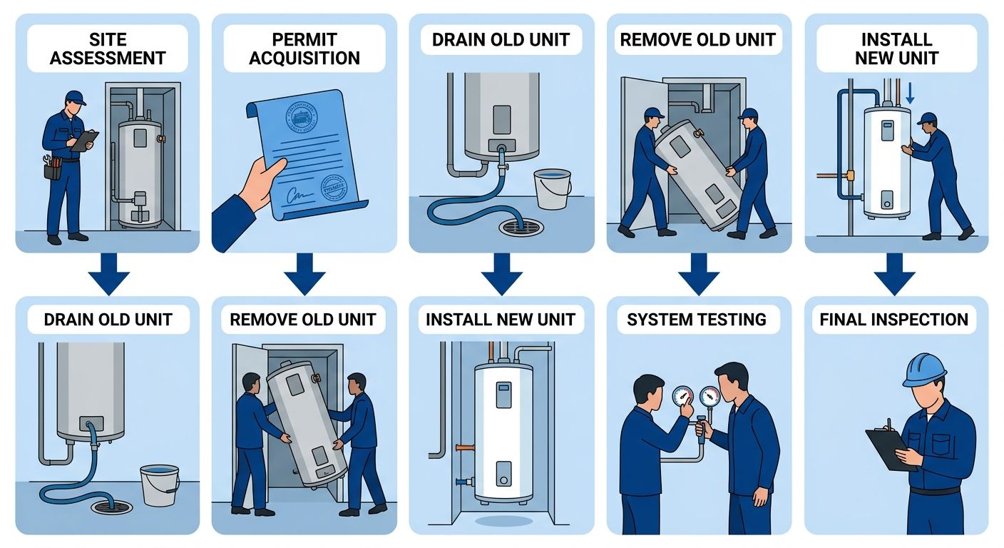 Seven stage water heater replacement process diagram from site assessment to final inspection