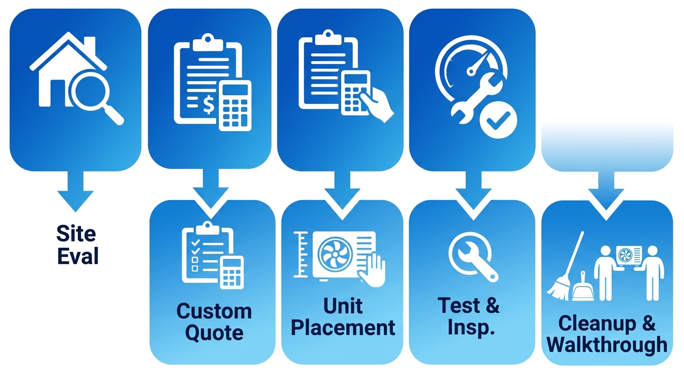 Vertical process flow diagram showing five stages of heat pump installation: site evaluation, custom quote, unit placement, testing and inspection, cleanup and walkthrough. Dark blue labels with white icons on blue gradient rectangles connected by arrows.