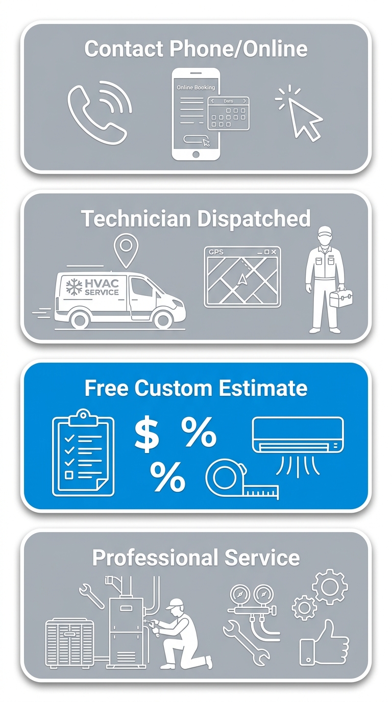 Vertical process flow for scheduling thermostat installation or repair, showing four steps from contact to professional service.