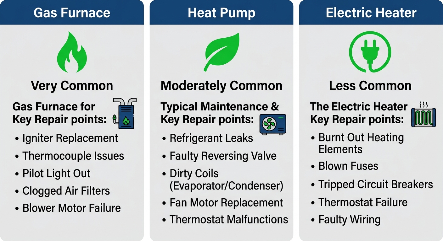 Comparison infographic of three heating systems gas furnace, heat pump, and electric heater for Eagle Rock homes