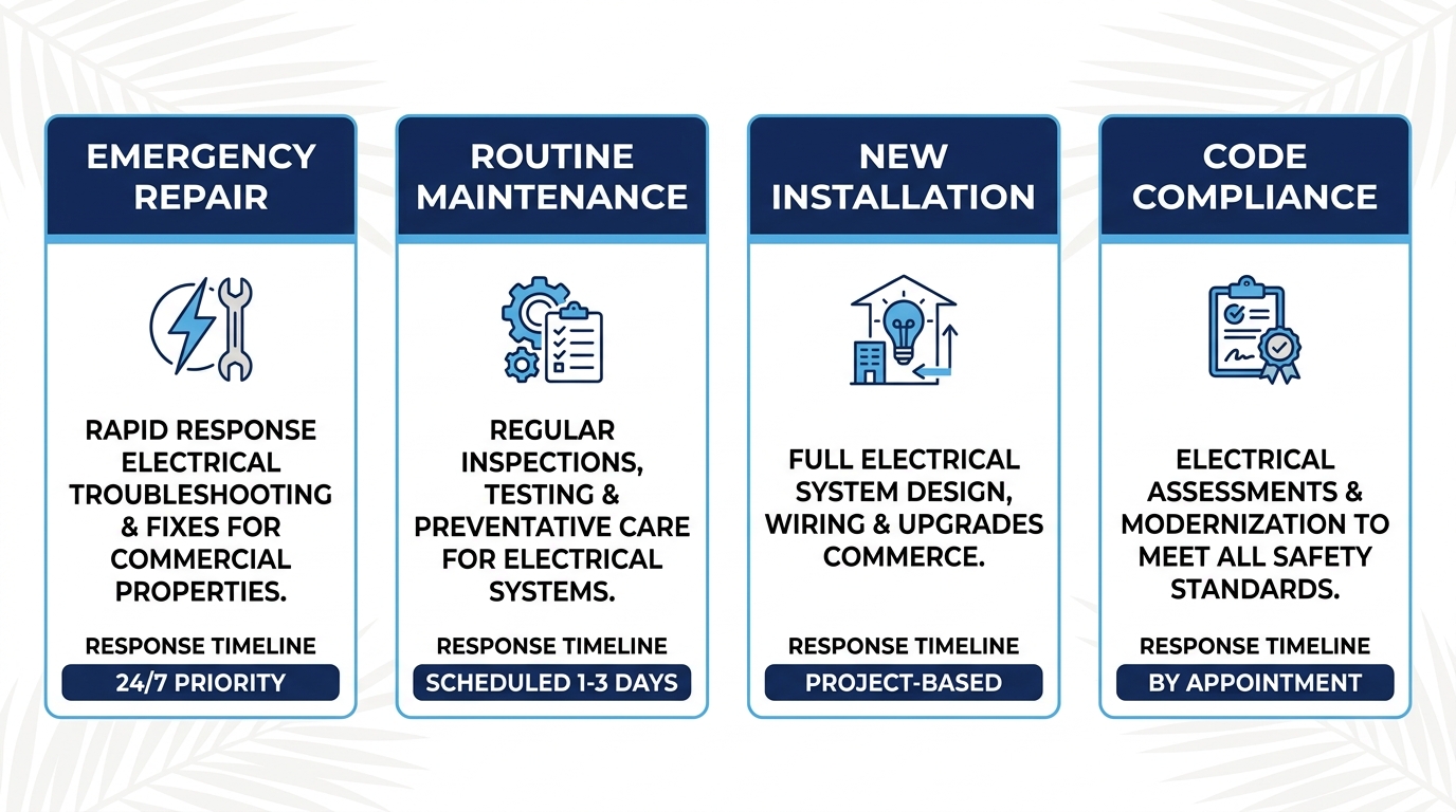 Infografía de cuatro columnas que muestra servicios eléctricos comerciales: reparación de emergencia, mantenimiento rutinario, instalación nueva y cumplimiento de códigos.