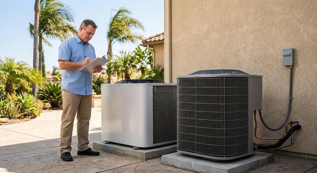 A heat pump and central AC unit side by side on a patio with a homeowner comparing choices, palm trees and stucco home in background.