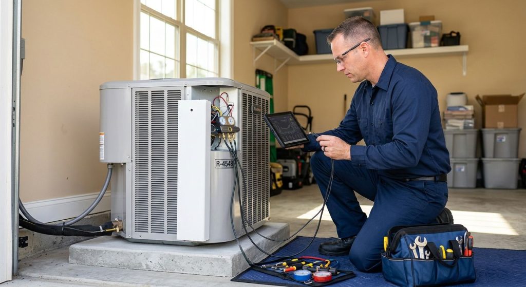 HVAC technician inspecting a modern AC unit with R-454B label in a bright garage, holding a digital tablet