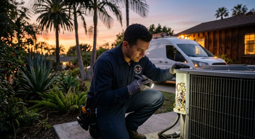 HVAC technician in uniform inspecting an outdoor air conditioning condenser unit with a flashlight at dusk in a Los Angeles backyard, service van and palm trees in the background