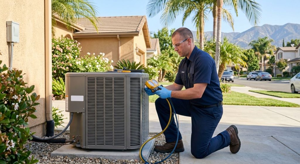 Professional HVAC technician in blue uniform performing AC maintenance tune-up on a unit outside a Culver City home, sunny coastal street with palm trees and Santa Monica Mountains visible
