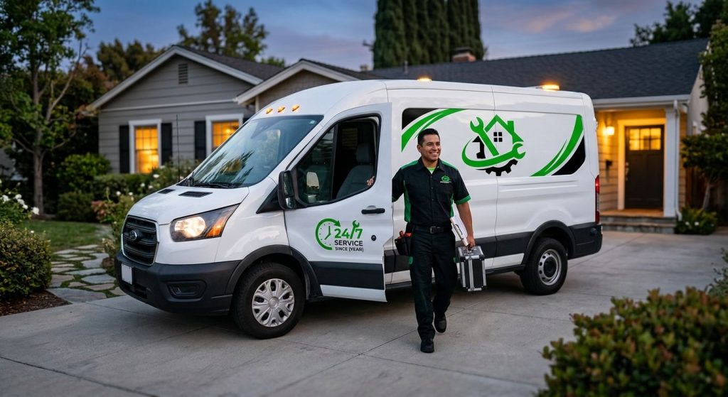 Professional photograph of an HVAC service van parked outside a suburban Culver City home at dusk, uniformed technician stepping out holding a toolkit