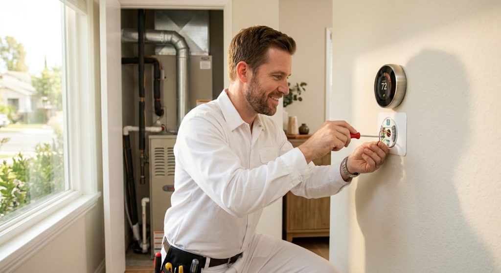 A licensed HVAC technician in a clean uniform installing a smart thermostat on a wall in a sunlit Culver City home.