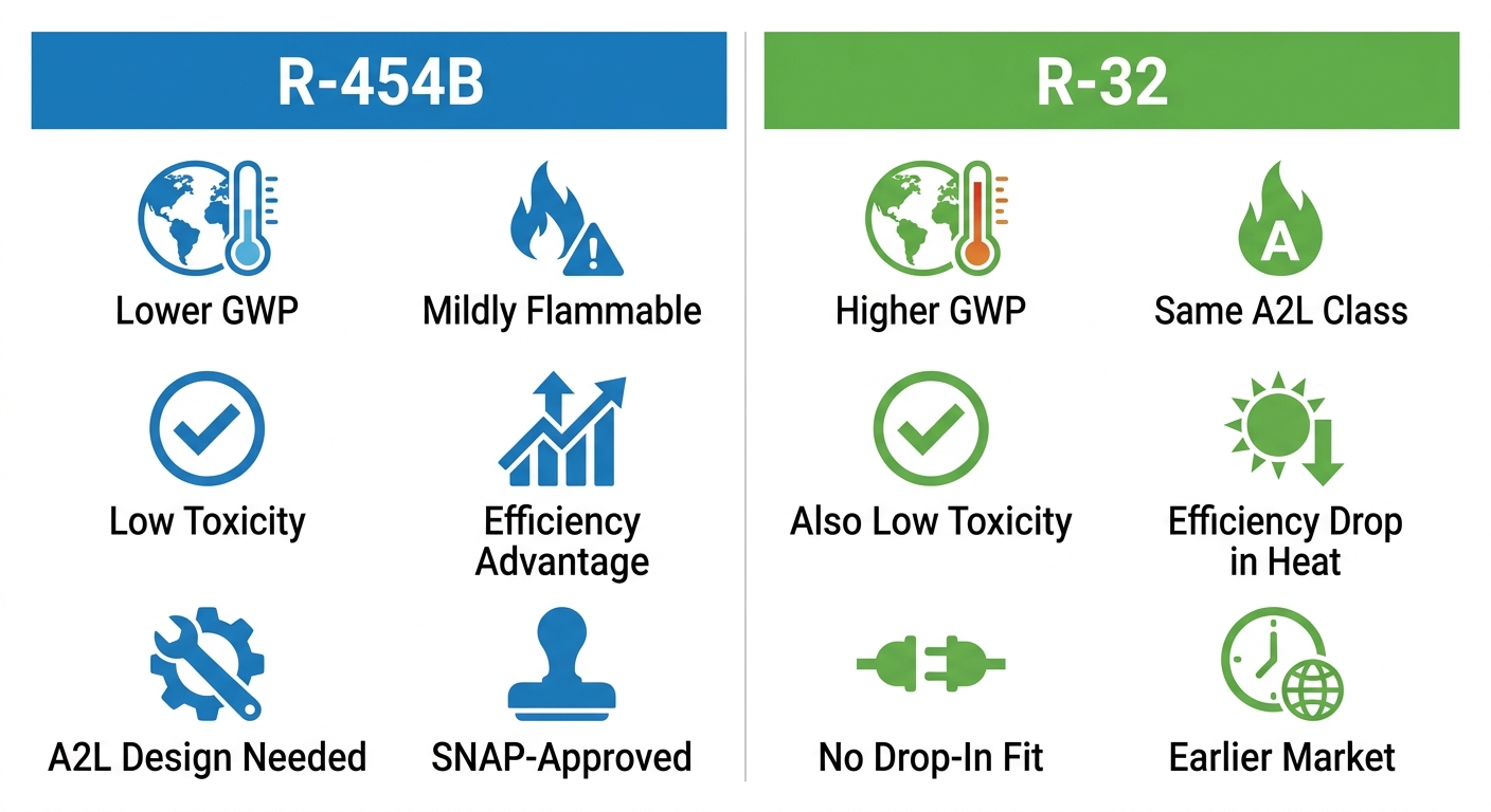 Infographic comparing R-454B and R-32 refrigerants with six attributes each, using blue and green color coding.