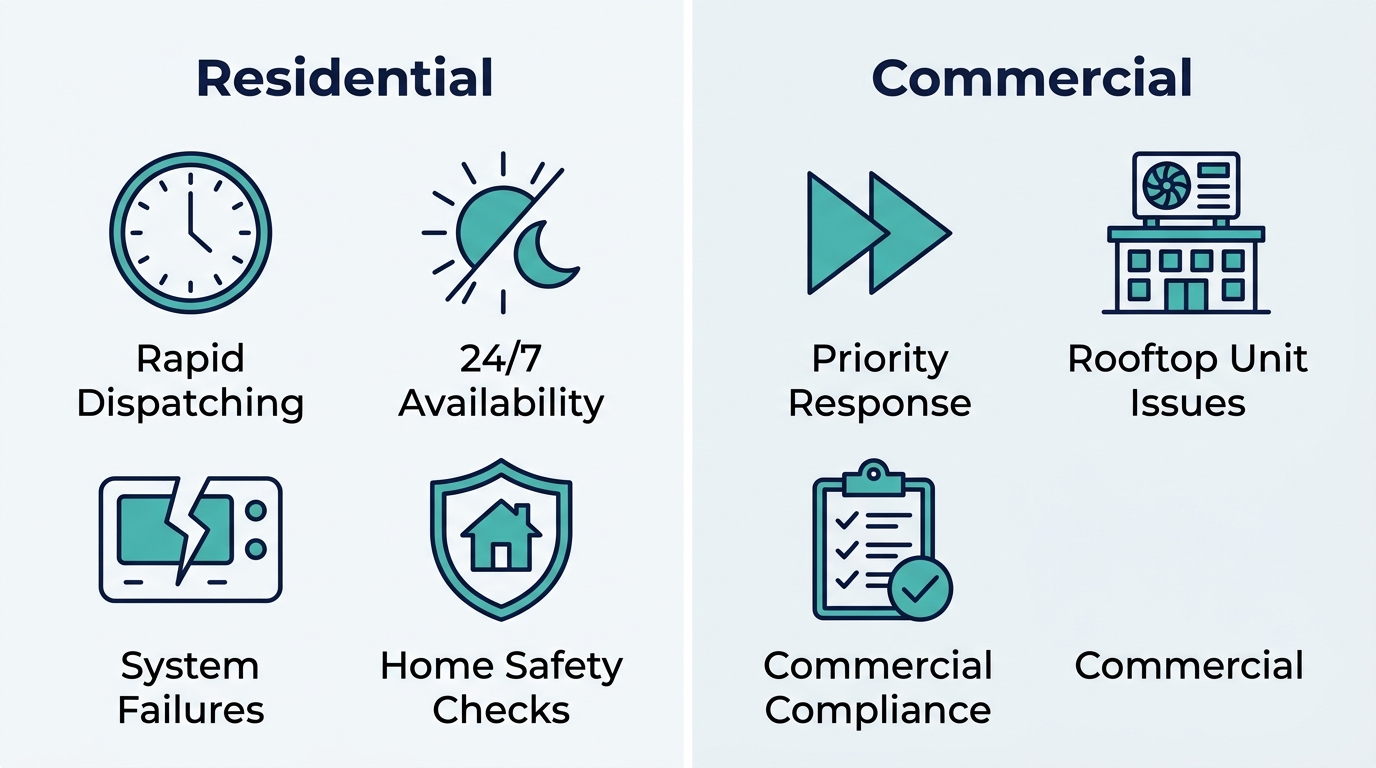 Infographic comparison of residential and commercial HVAC emergency services in Studio City