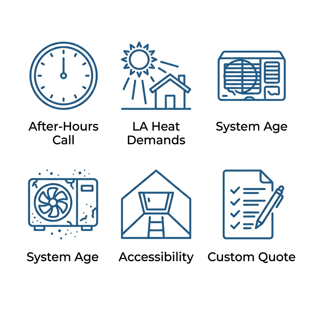 Five outline icons in a warm blue palette showing local factors that affect emergency HVAC repair costs, with labels underneath each icon.