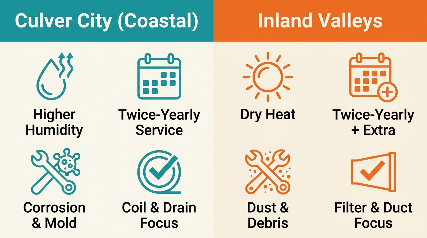 Comparison infographic: Culver City coastal climate versus inland valleys HVAC maintenance needs