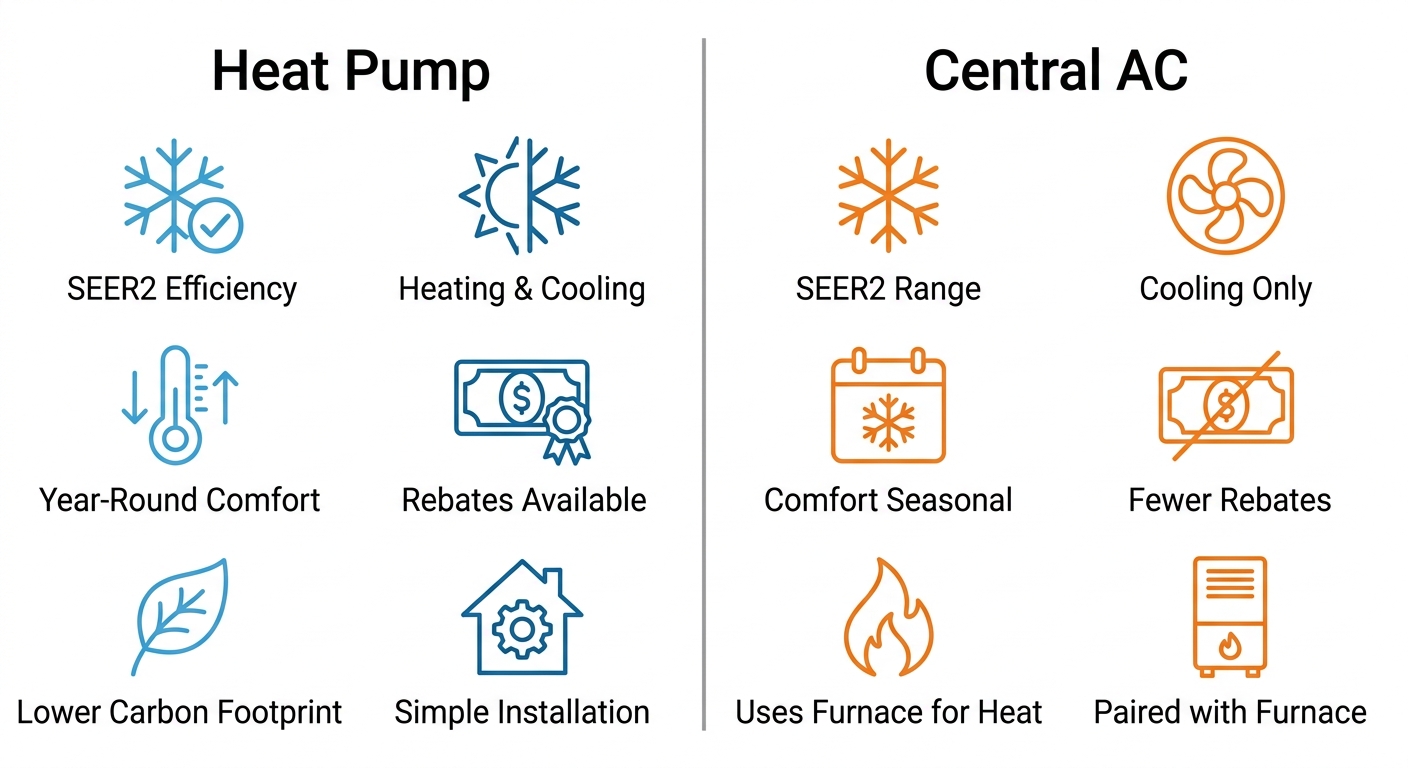 Infographic comparing Heat Pump and Central AC features and specifications side-by-side