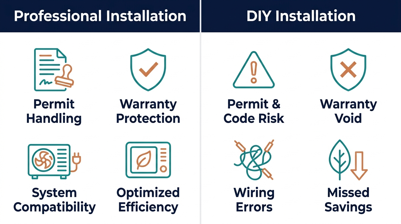Comparison infographic between professional and DIY thermostat installation with icons and labels for each option.