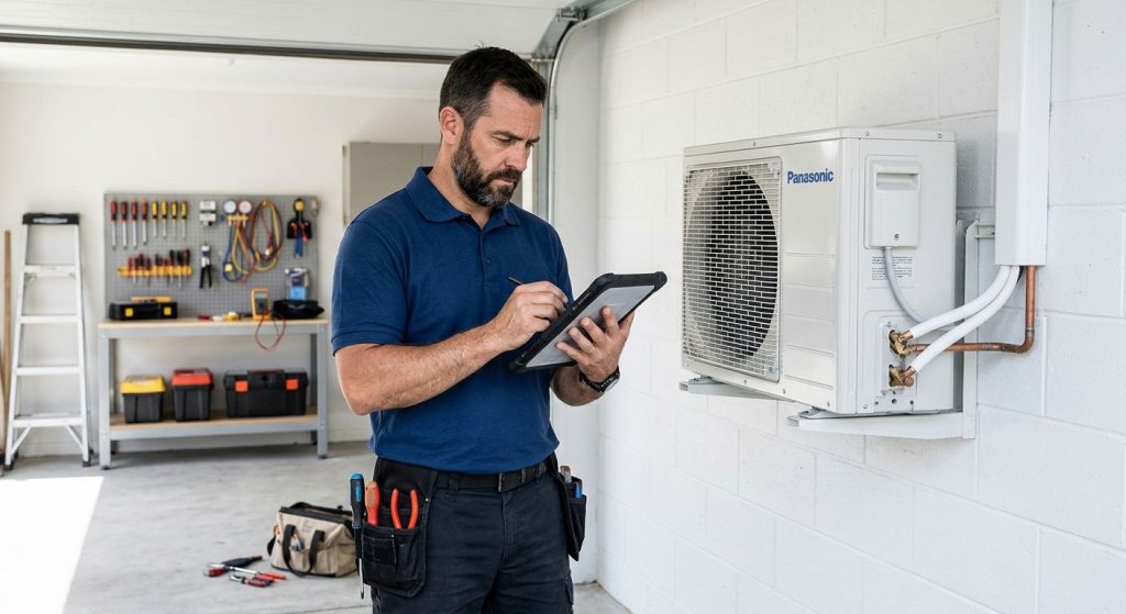 HVAC technician using a tablet to take measurements near a ductless mini-split unit mounted on the garage wall, with organized tools and natural lighting