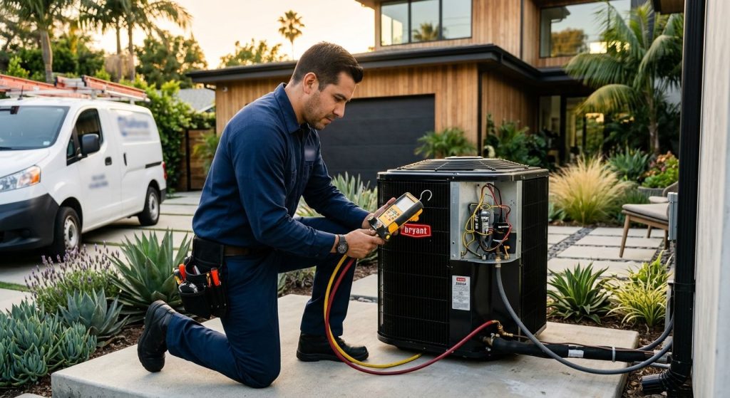 Professional HVAC technician in blue uniform inspecting outdoor AC compressor unit beside a modern Studio City home during golden hour, with company van in driveway.