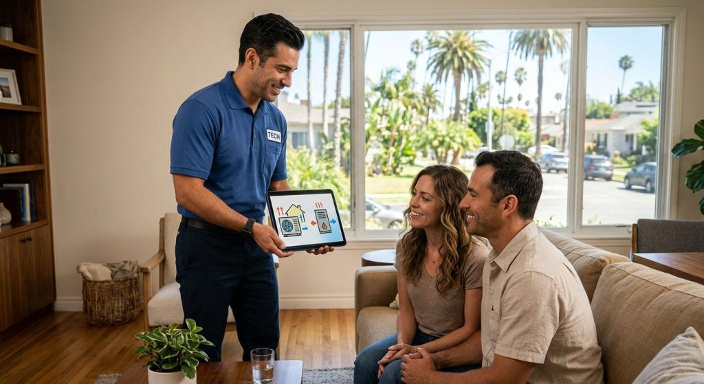 HVAC technician showing heat pump vs gas furnace comparison on tablet to a couple in a sunlit California living room with street view.