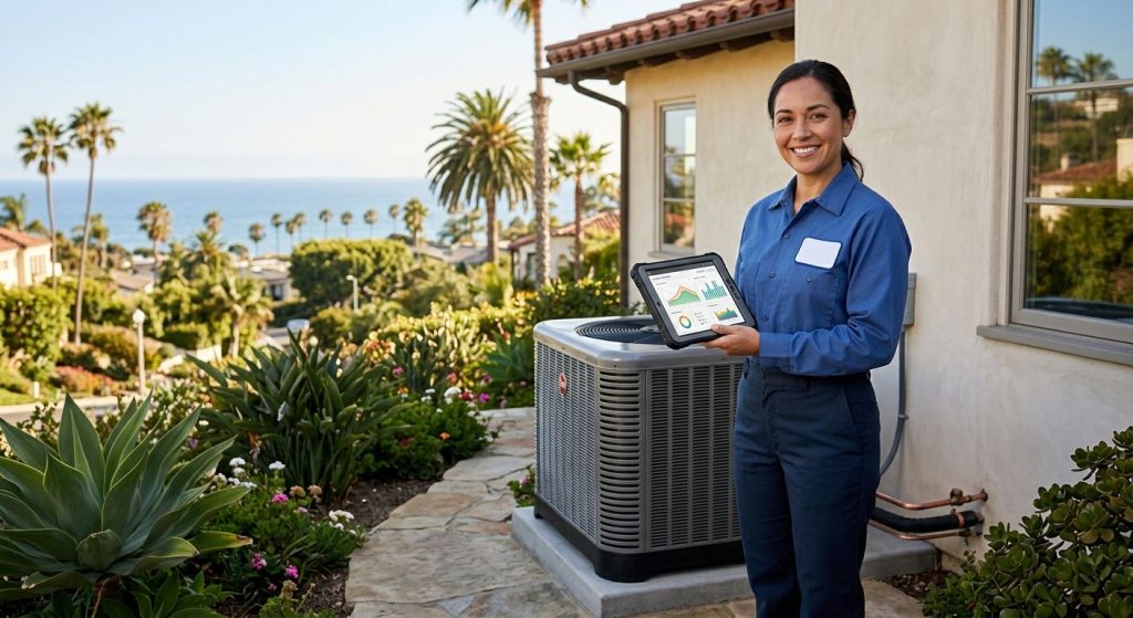 Professional photograph of an HVAC technician in a blue uniform beside a high-efficiency heat pump in a Studio City home with palm trees and ocean in background.