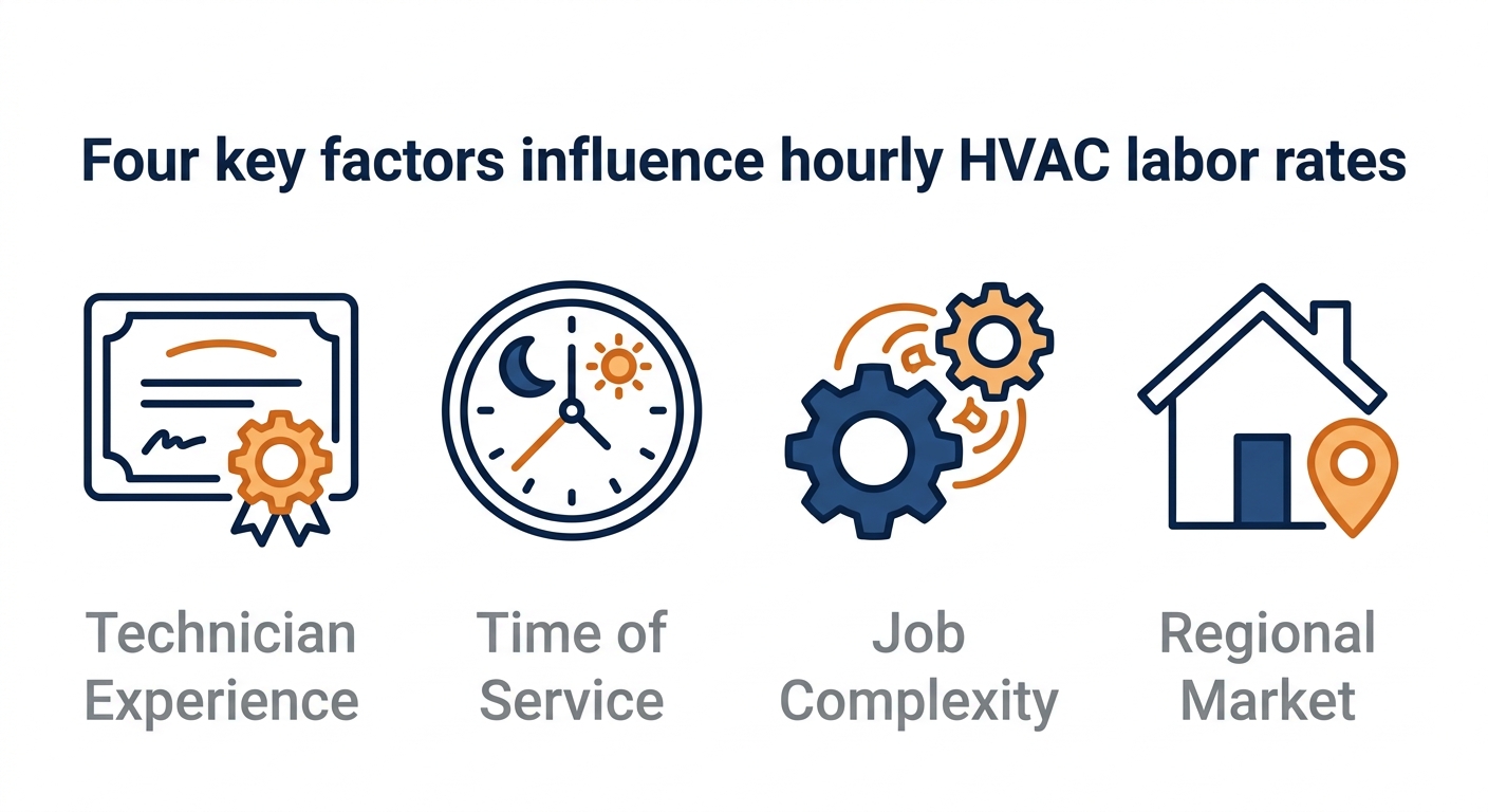 Icon set showing four factors that determine HVAC hourly labor rates: technician experience, time of service, job complexity, and regional market, each with a matching outline icon and gray label