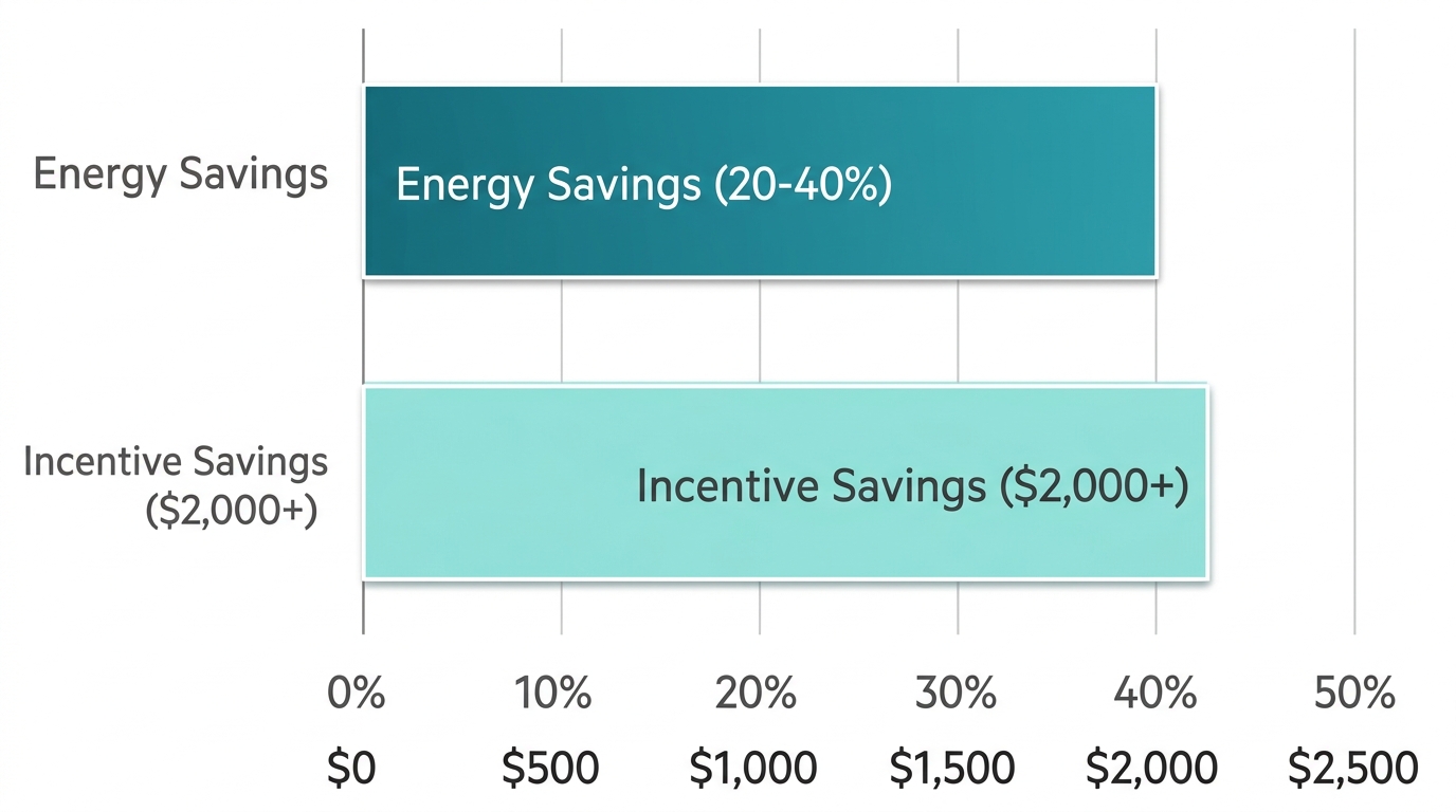 Horizontal bar chart comparing energy savings and incentive savings from heat pumps, with teal bars and dark gray labels