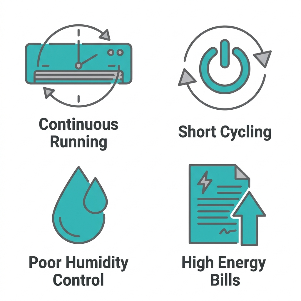 Four icons in a 2x2 grid showing symptoms of an undersized mini-split unit